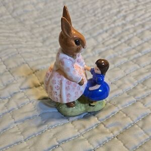 Porcelain Rabbit and Girl Figurine - Brown and Blue